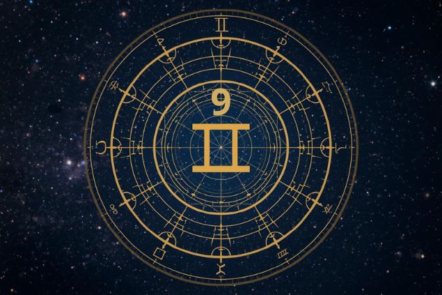 Imagem de uma mandala astrológica com o glifo de gêmeos junto com o número 9 posicionados no centro. 
