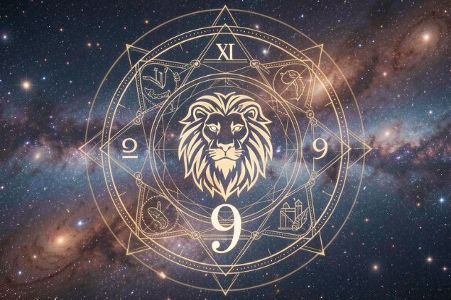 Imagem do glifo de leão junto com o número 9 posicionados no centro de uma mandala astrológica com fundo do universo.