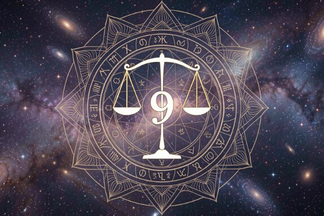 Imagem do glifo de libra junto com o número 9 posicionados no centro de uma mandala astrológica com fundo do universo.