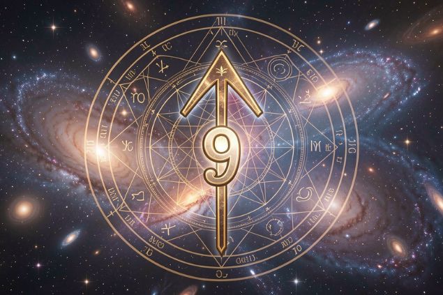 Imagem do glifo de sagitário que é uma flecha apontando para cima, junto com o número 9 posicionados no centro de uma mandala astrológica com fundo do universo.