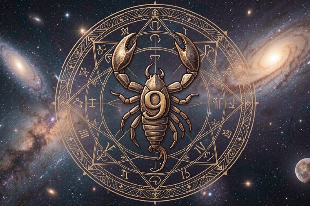 Canva/horoscopovIrtuAl Imagem do glifo de escorpião junto com o número 9 posicionados no centro de uma mandala astrológica com fundo do universo.