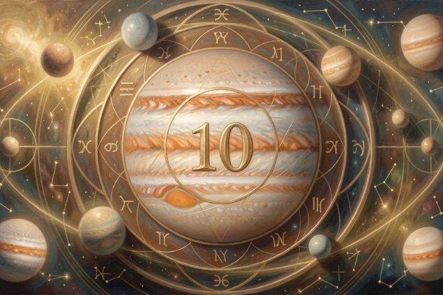 Imagem de Júpiter dentro de uma mandala astrológica com o número 10 no centro