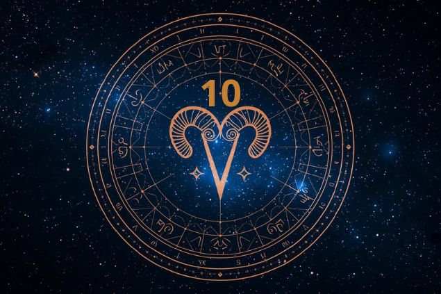 Imagem de uma mandala astrológica com o glifo de áries junto com o número 10 posicionados no centro. 