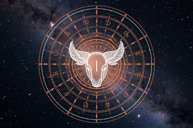 Imagem do glifo de touro e o número 1 no centro de uma mandala astrológica com fundo do universo.