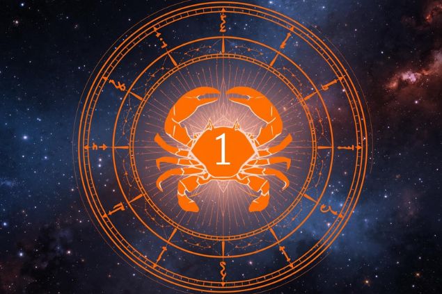 Canva/horoscopovIrtuAl Imagem do glifo de câncer e o número 1 no centro de uma mandala astrológica com fundo do universo.