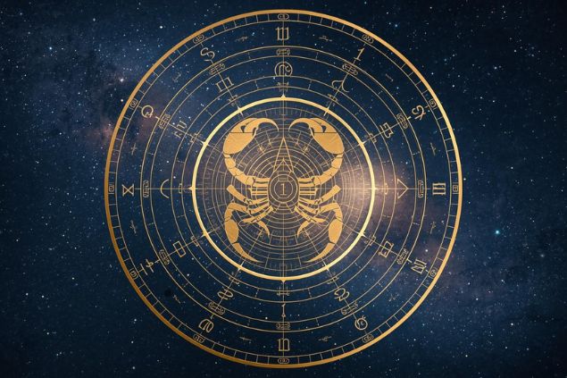 Canva/horoscopovIrtuAl Imagem do glifo de escorpião com o número 1 no centro de uma mandala astrológica com fundo do universo.