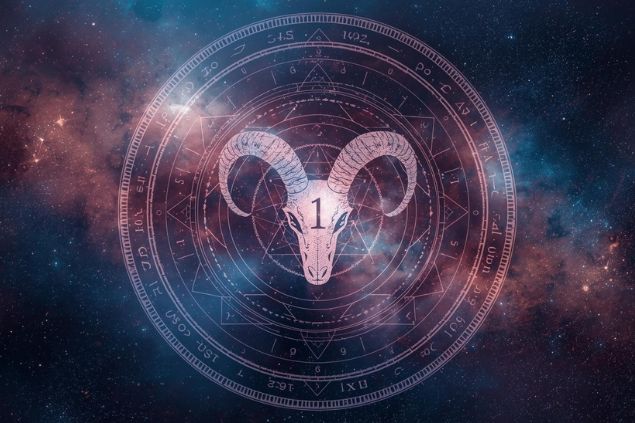 Imagem do glifo de áries com o número 1 no centro de uma mandala astrológica com fundo do universo.