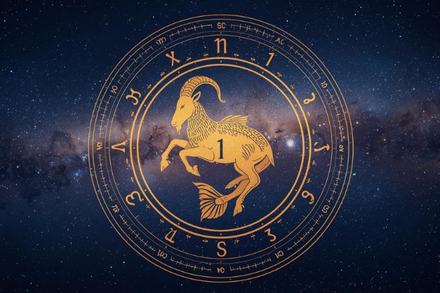 Imagem do glifo de capricórnio com o número 1 no centro de uma mandala astrológica com fundo do universo.