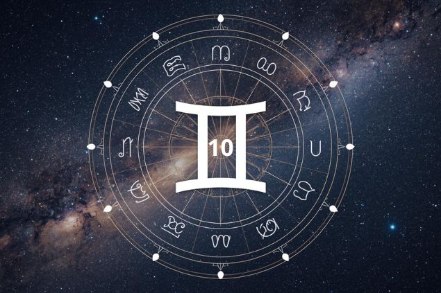 Imagem do glifo de gêmeos junto com o número 10 no centro de uma mandala astrológica com fundo do universo.