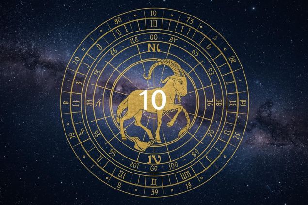 Imagem do glifo de capricórnio junto com o número 10 no centro de uma mandala astrológica com fundo do universo.