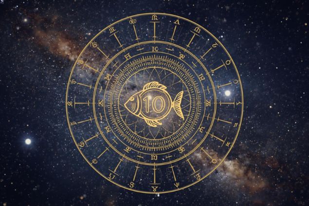 Imagem do glifo de peixes junto com o número 10 no centro de uma mandala astrológica com fundo do universo.