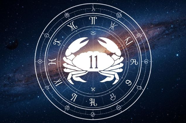 Imagem do glifo de câncer junto com o número 11 posicionados no centro de uma mandala astrológica com fundo do universo.