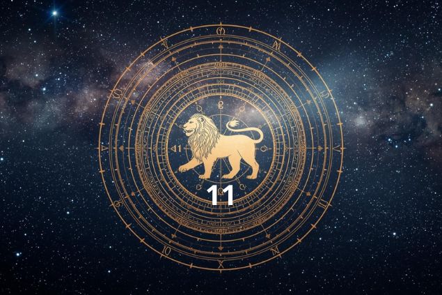 Imagem do glifo de leão junto com o número 11 posicionados no centro de uma mandala astrológica com fundo do universo.