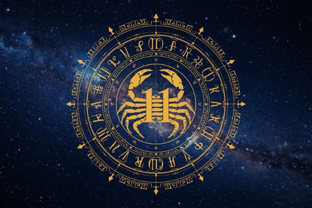 Imagem de uma mandala astrológica com o glifo de escorpião  junto com o número 11 posicionados no centro e ao fundo o universo. 