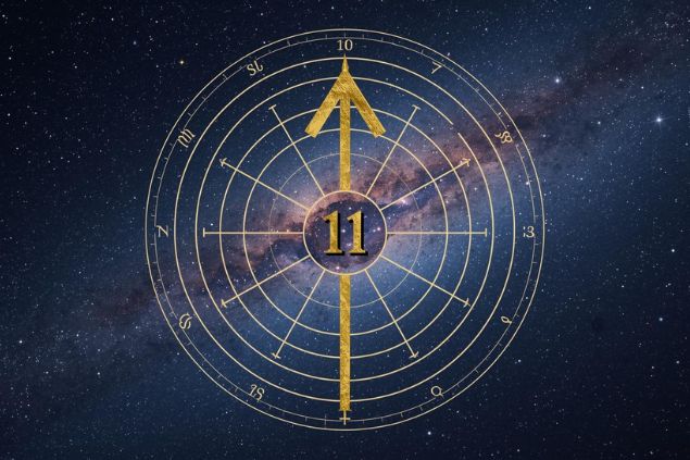 Imagem do glifo de sagitário que é uma flecha apontando para cima, junto com o número 11 posicionados no centro de uma mandala astrológica com fundo do universo.