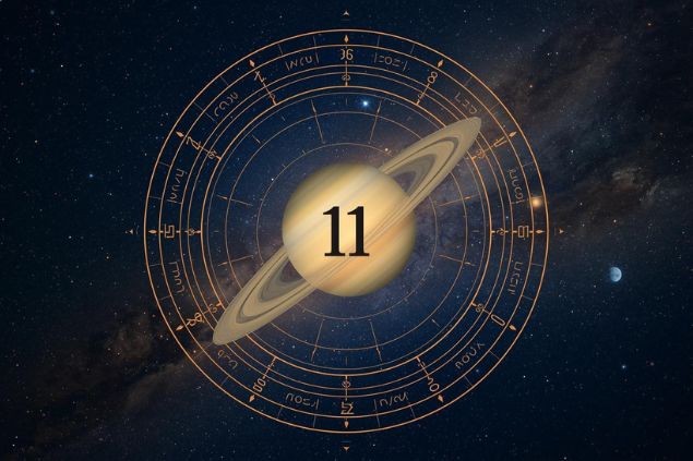 Imagem de Saturno em uma mandala astrológica com o número 11 no centro e ao fundo, o universo.