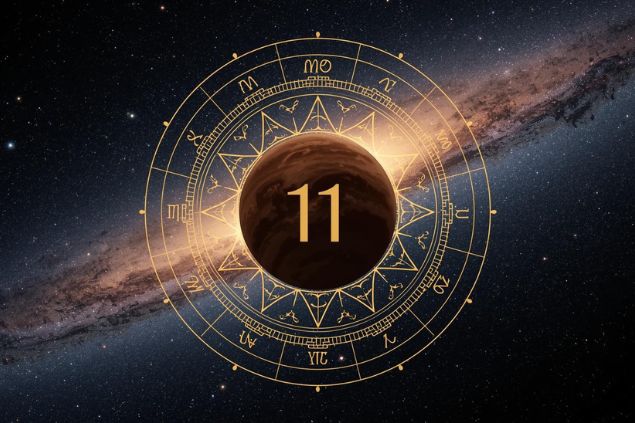 Canva/horoscopovIrtuAl Imagem do planeta Vênus dentro de uma mandala astrológica com o número 11 no centro e ao fundo, o universo.