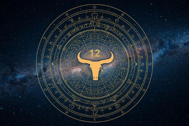 Canva/horoscopovIrtuAl Imagem do glifo de touro e o número 12 no centro de uma mandala astrológica com fundo do universo.
