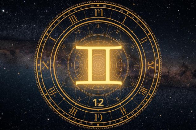 Canva/horoscopovIrtuAl Imagem do glifo de gêmeos com o número 12 no centro de uma mandala astrológica com fundo do universo.