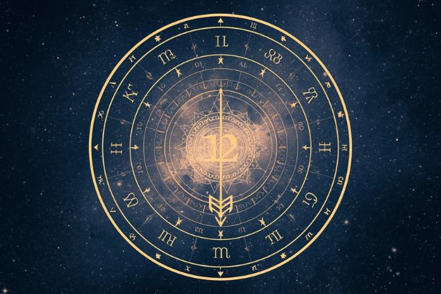 Canva/horoscopovIrtuAl Imagem do glifo de Sagitário com o número 12 no centro de uma mandala astrológica com fundo do universo.