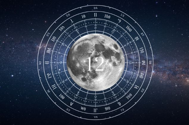 Canva/horoscopovIrtuAl Imagem da Lua dentro de uma mandala astrológica com o número 12 no centro e ao fundo, o universo.