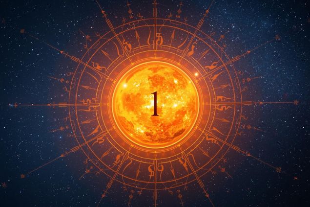 Canva/horoscopovIrtuAl Imagem do Sol dentro de uma mandala astrológica com o número 1 no centro e ao fundo o universo com as estrelas.