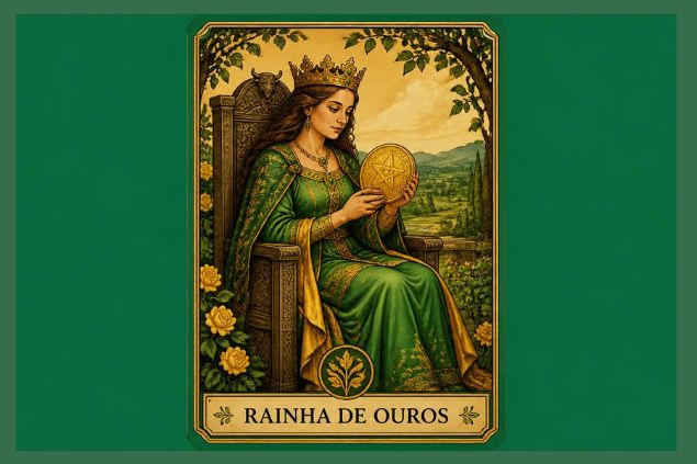 Imagem da carta da Rainha de Ouros, onde a figura aparece sentada em um trono ornamentado, segurando uma moeda dourada e observando-a com atenção. 