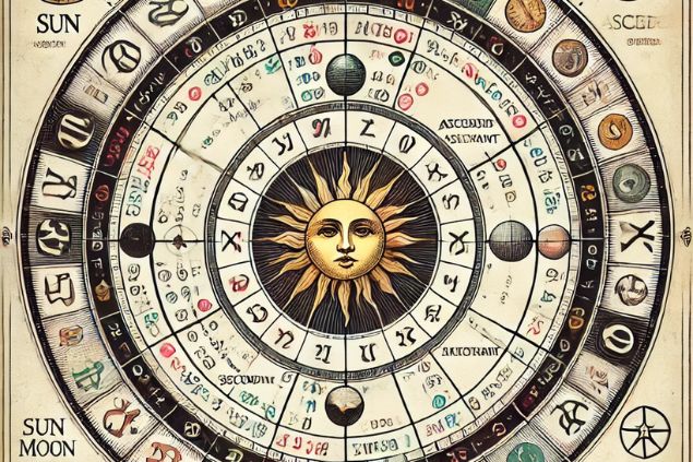 Imagem do mapa astral com as posições do Sol, da Lua, do Ascendente e do Meio do Céu. 
