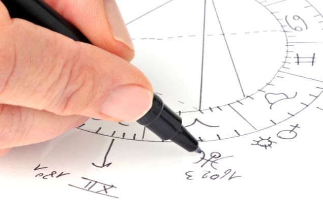 Imagem de uma mão desenhando um mapa astral e os pontos trígonos que estão relacionados a ele.