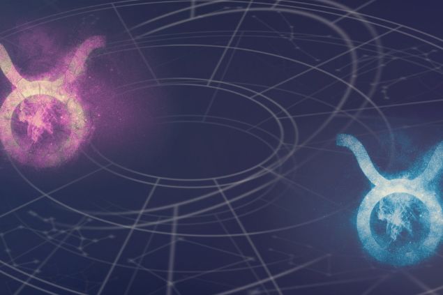 Imagem de dois elementos do signo de touro nas cores rosa e azul.