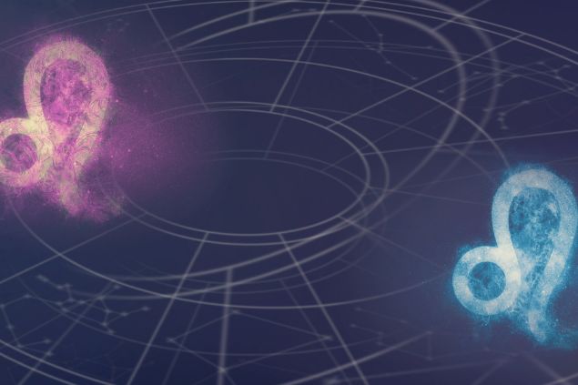 Imagem de dois elementos do signo de leão nas cores rosa e azul. 