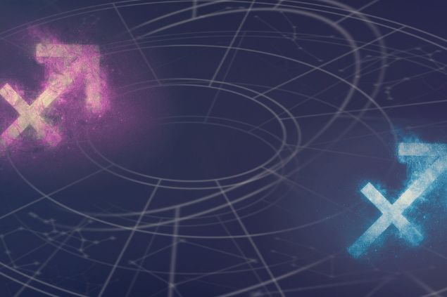 Imagem de dois elementos do signo de sagitário nas cores rosa e azul.