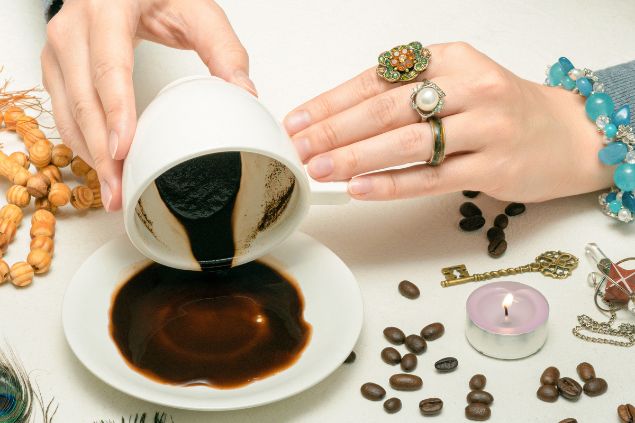 Imagem das mãos de uma mulher usando a prática da cafeomancia para fazer as interpretações da vida de uma consulente.