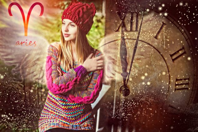 Imagem de fundo de um relógio, em destaque uma mulher usando roupa de frio, representando o signo de Áries
