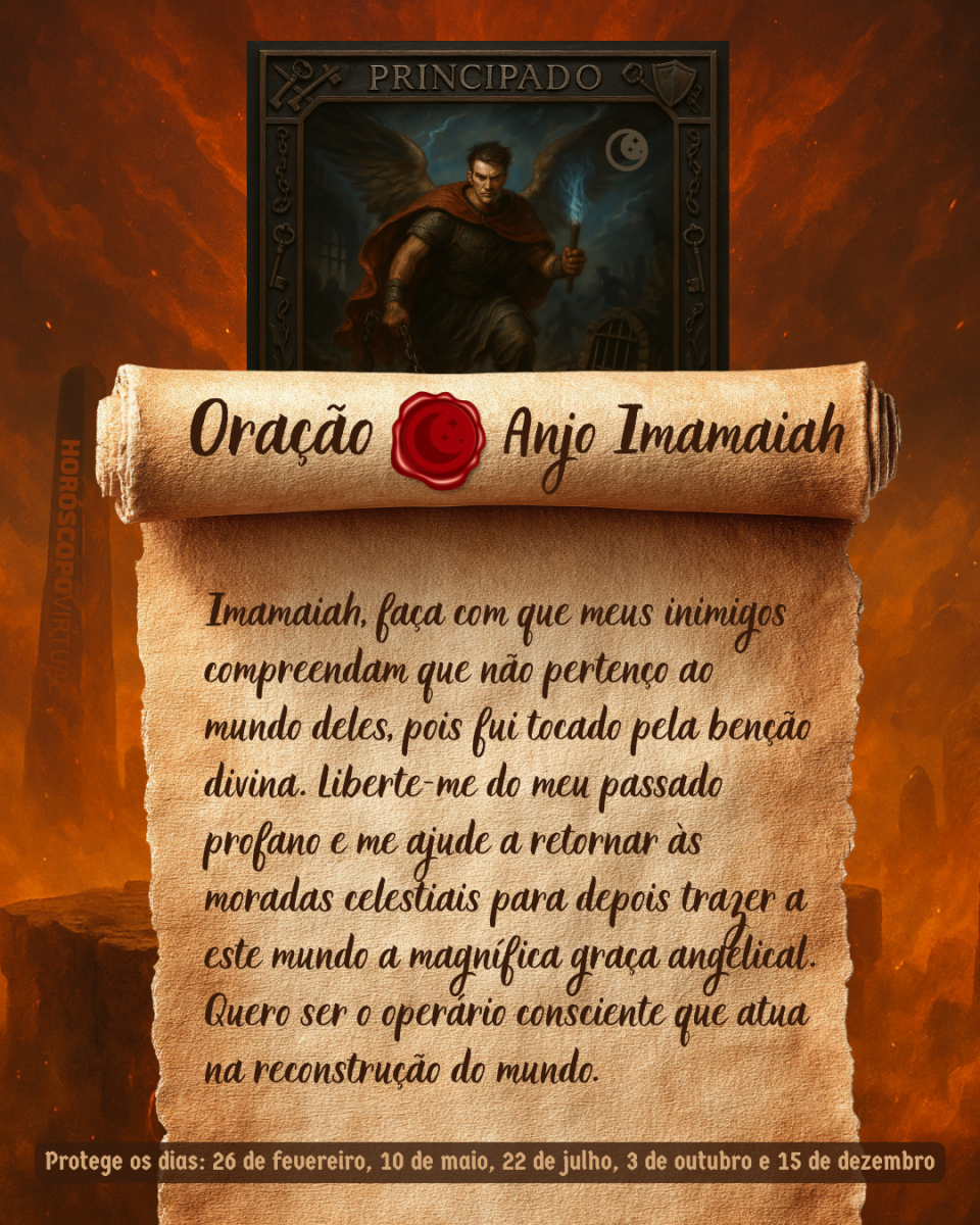 Imagem vertical, com fundo em tons de laranja e marrom. Na parte superior, há um quadro representando um anjo. Um pergaminho antigo ocupa a maior parte da imagem e apresenta o título “Oração Anjo Imamaiah” e a oração: 