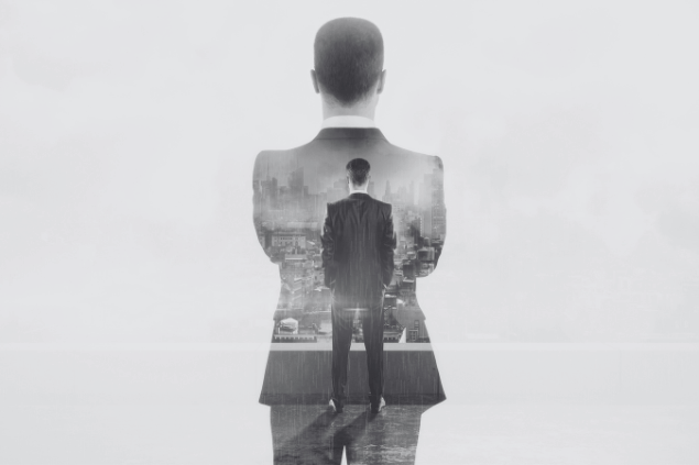 Homem vestindo terno refletindo sozinho. Conceito de introspecção e solitude. 