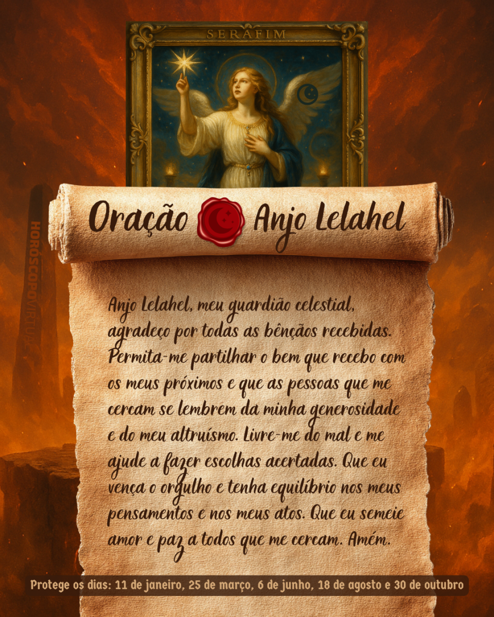 Imagem vertical, com fundo em tons de laranja e marrom. Na parte superior, há um quadro representando um anjo. Um pergaminho antigo ocupa a maior parte da imagem e apresenta o título “Oração Anjo Lelahel” e a oração: 