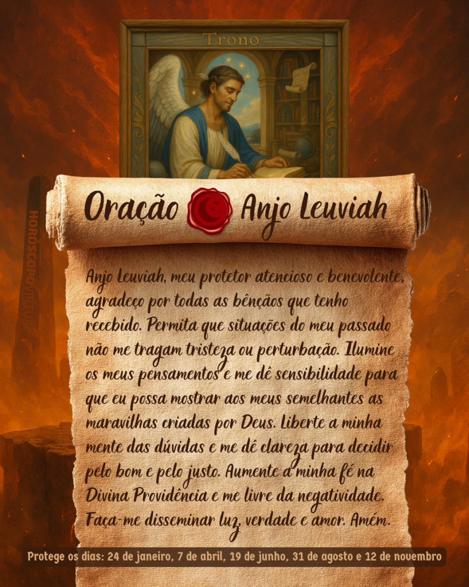 HORÓSCOPO ViRTUaL / Canva Imagem vertical, com fundo em tons de laranja e marrom. Na parte superior, há um quadro representando um anjo. Um pergaminho antigo ocupa a maior parte da imagem e apresenta o título “Oração Anjo Leuviah” e a oração: