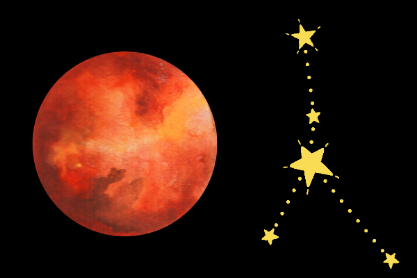 Ilustração de marte com constelação de câncer ao lado