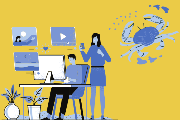 Ilustração de pessoas trabalhando com símbolo de câncer ao lado