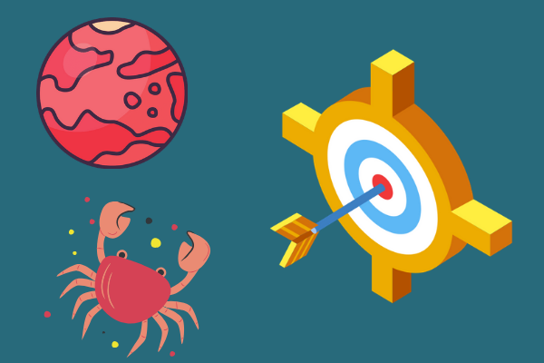 Ilustração de marte com signo de câncer e alvo com dardo no meio
