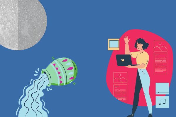 Ilustração de mulher trabalhando com planeta mercúrio e símbolo de aquário