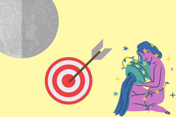 Ilustração de planeta mercúrio, símbolo de aquário e alvo com flecha no meio