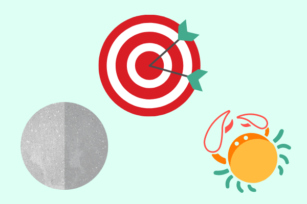 Ilustração de alvo com duas flechas, signo de câncer e planeta mercúrio