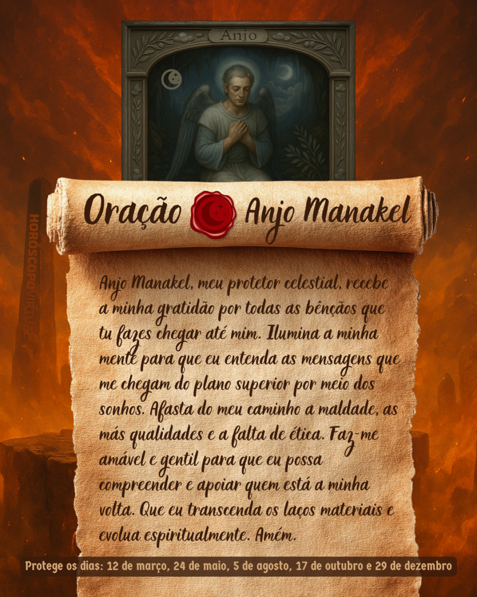 HORÓSCOPO ViRTUaL / Canva Imagem vertical, com fundo em tons de laranja e marrom. Na parte superior, há um quadro representando um anjo. Um pergaminho antigo ocupa a maior parte da imagem e apresenta o título “Oração Anjo Manakel” e a oração: