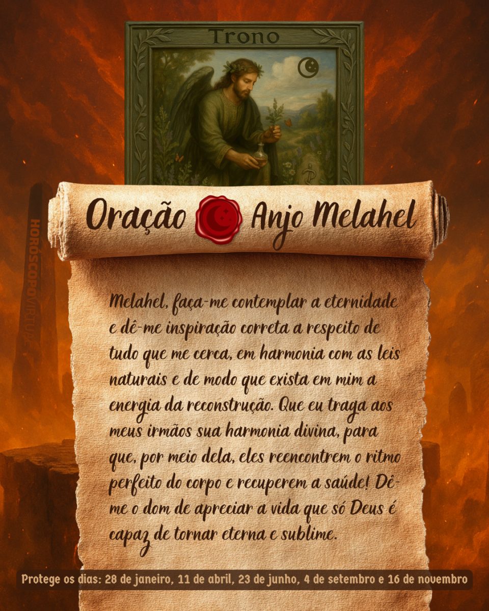 Imagem vertical, com fundo em tons de laranja e marrom. Na parte superior, há um quadro representando um anjo. Um pergaminho antigo ocupa a maior parte da imagem e apresenta o título “Oração Anjo Melahel” e a oração: 