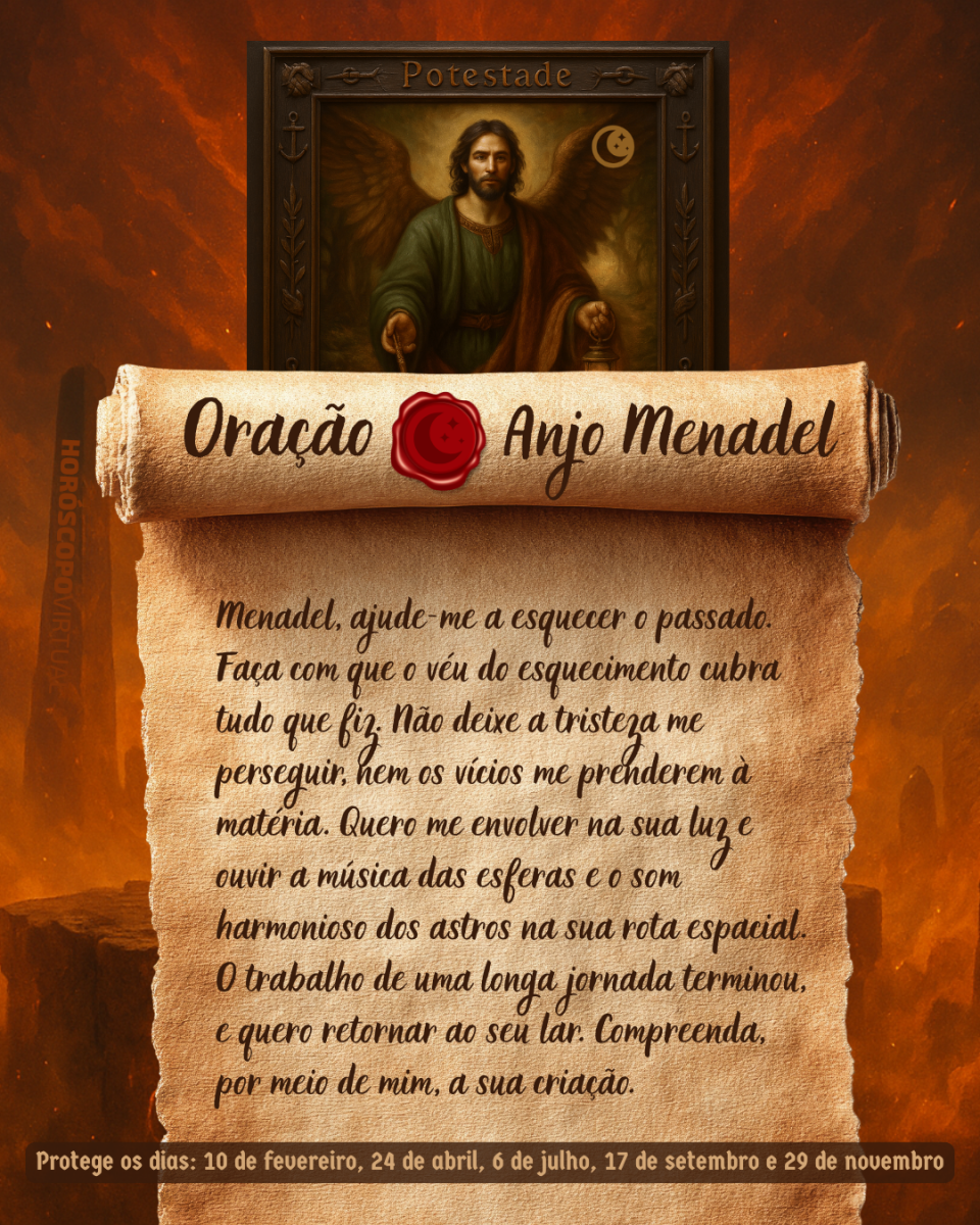 Imagem vertical, com fundo em tons de laranja e marrom. Na parte superior, há um quadro representando um anjo. Um pergaminho antigo ocupa a maior parte da imagem e apresenta o título “Oração Anjo Menadel” e a oração: 