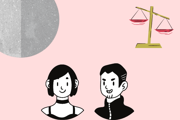 Ilustração de mercúrio com signo de libra e meio corpo de homem e mulher