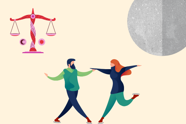 Ilustração de libra, mercúrio e casal dançando