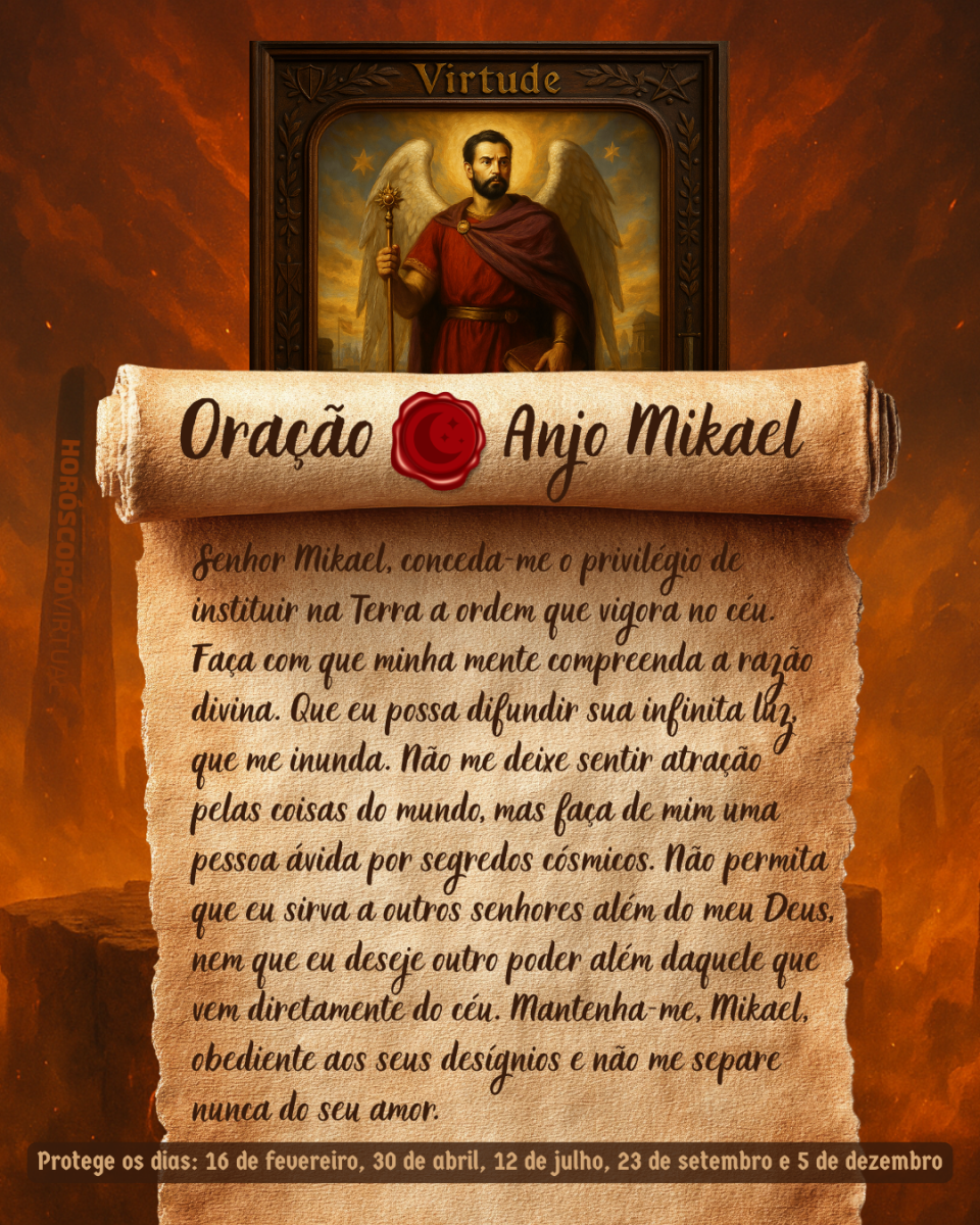 Imagem vertical, com fundo em tons de laranja e marrom. Na parte superior, há um quadro representando um anjo. Um pergaminho antigo ocupa a maior parte da imagem e apresenta o título “Oração Anjo Mikael” e a oração: 